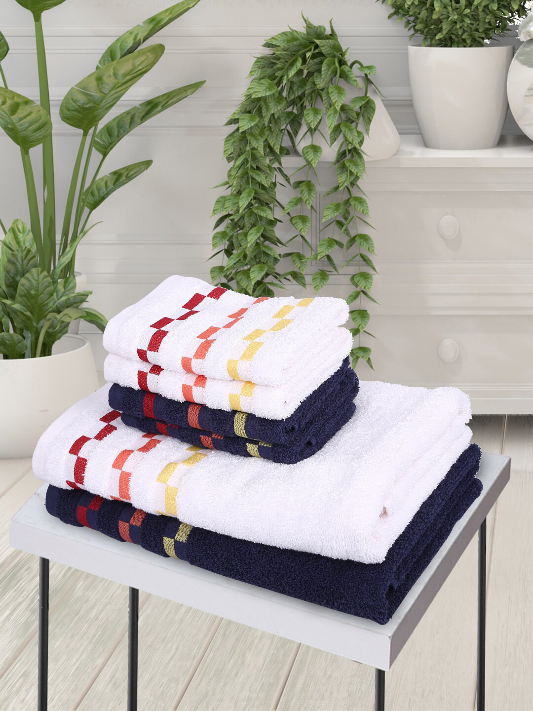 BIANCA Set Of 6 White & Navy Blue Solid 450 GSM Pure Mercerized Combed Cotton Towels