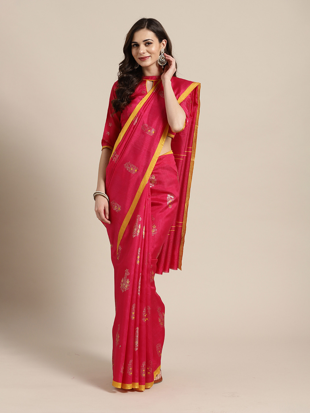 Saree mall Pink & Yellow Floral Art Silk Sarees