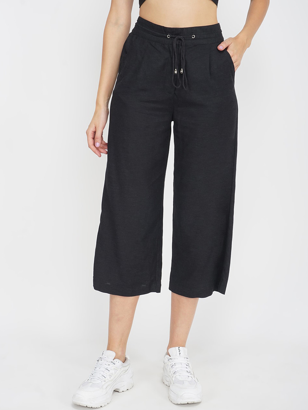 Oxolloxo Women Black High-Rise Pleated Linen Culottes Trousers