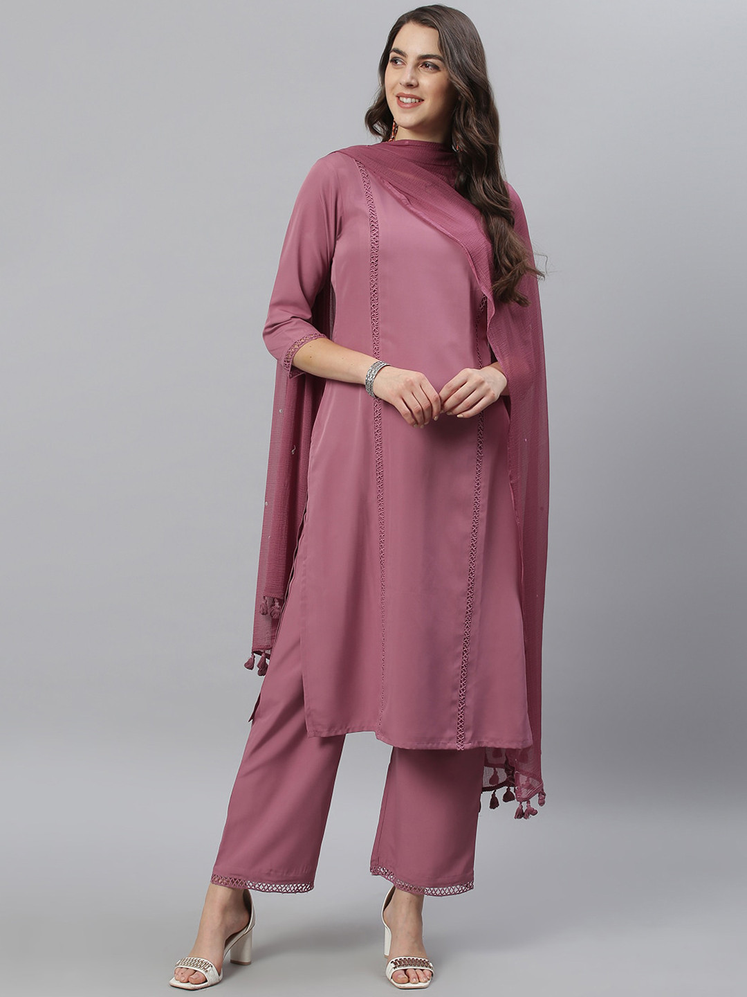 Azira Women Mauve Panelled Thread Work Kurta with Palazzos & With Dupatta