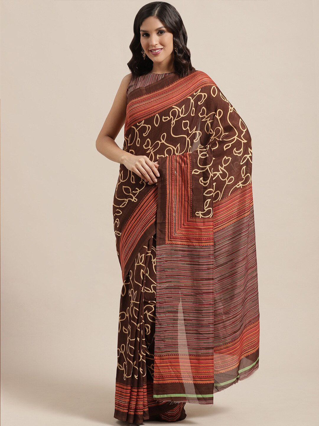 Saree mall Brown & Coral Georgette Printed Saree