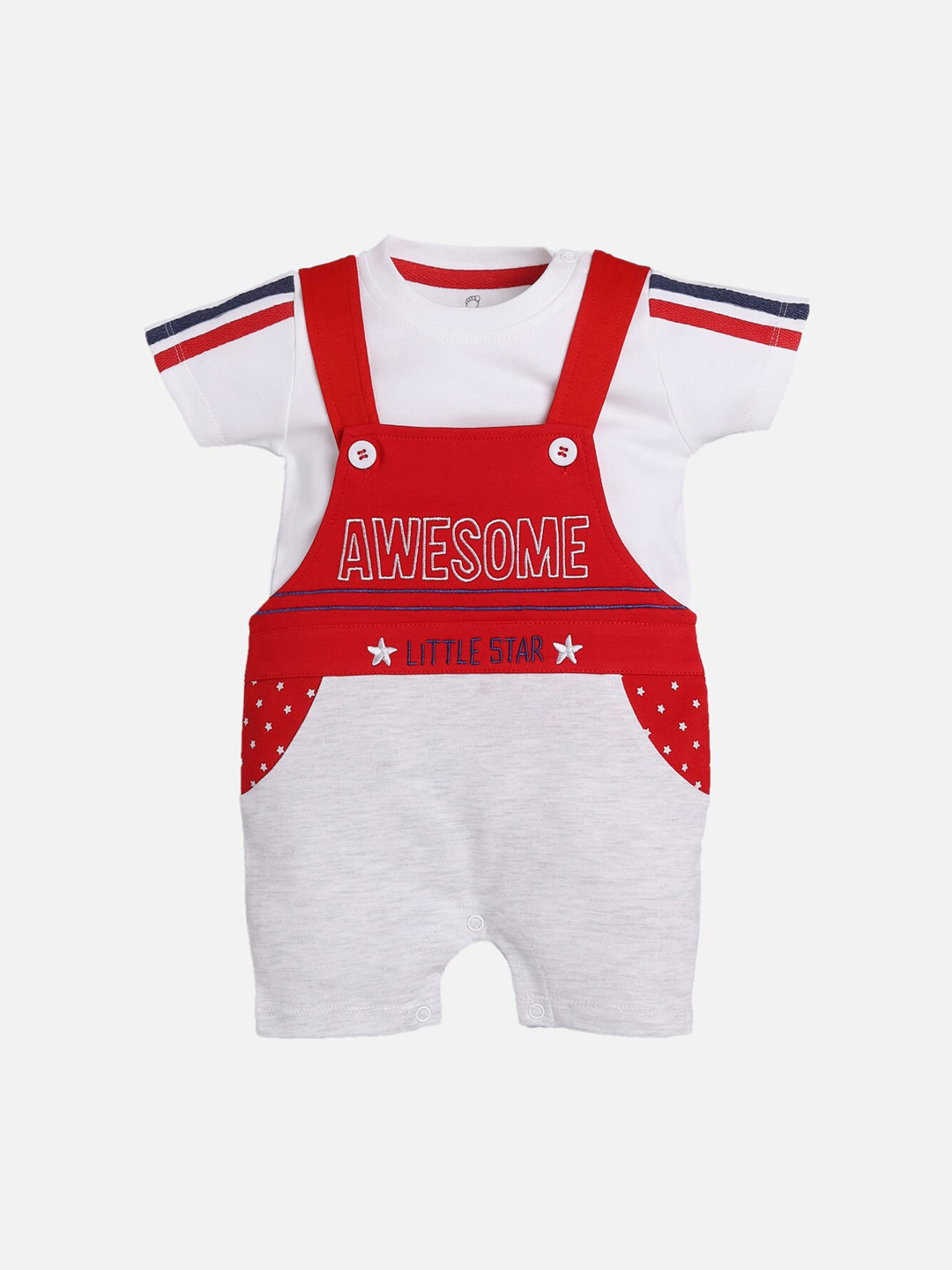 BABY GO Infant Boys Red & White Printed Pure Cotton Dungarees With T-Shirt
