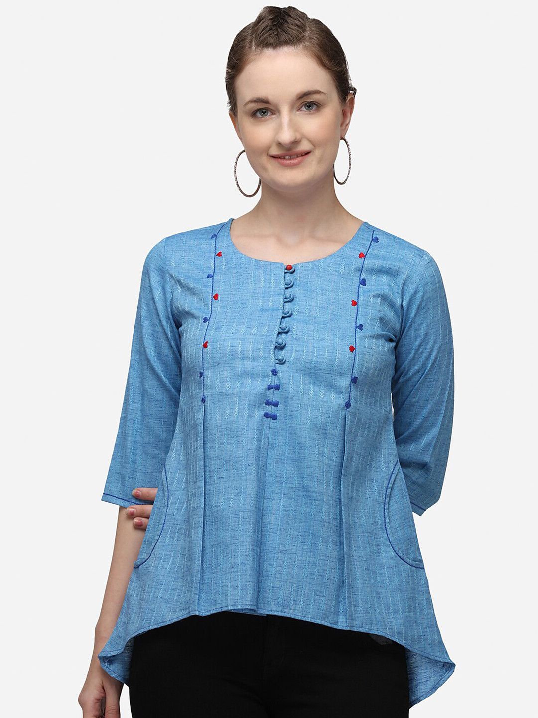 RAISIN Blue & Red Embroidered High-Low Tunic