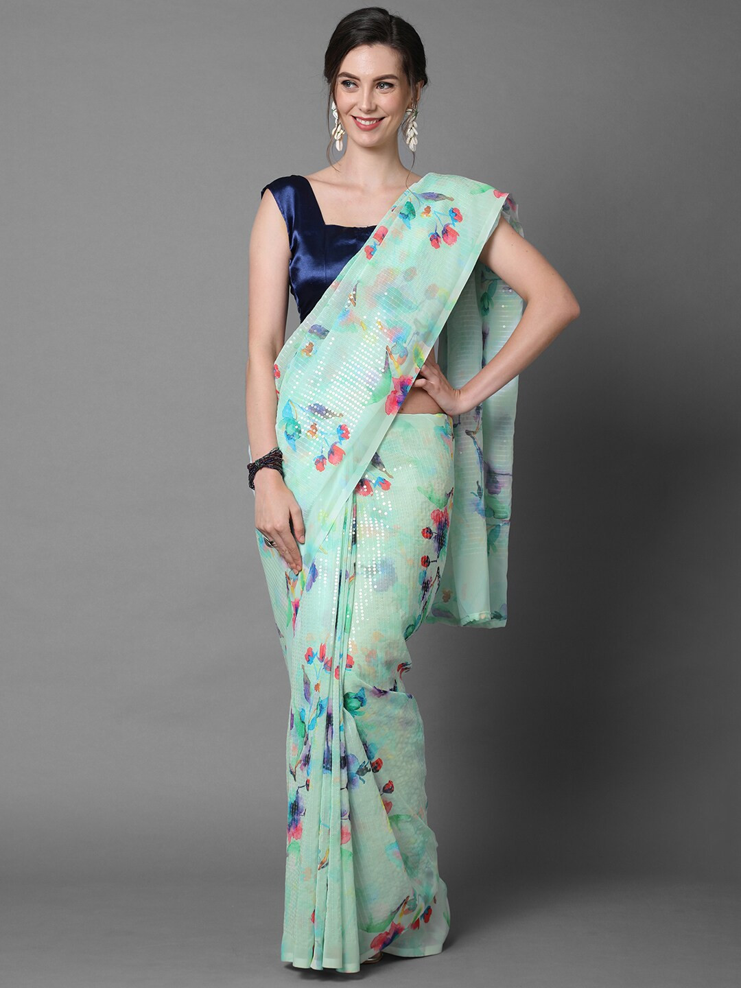 Mitera Sea Green Floral Sequinned Poly Georgette Saree