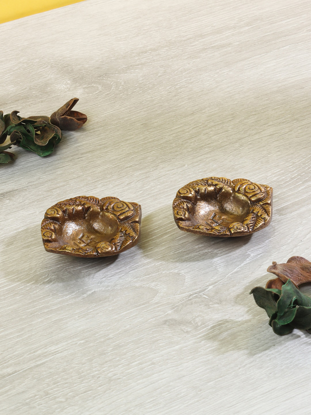 Aapno Rajasthan Set of 2 Brown Rose Design Antique Brass Diya