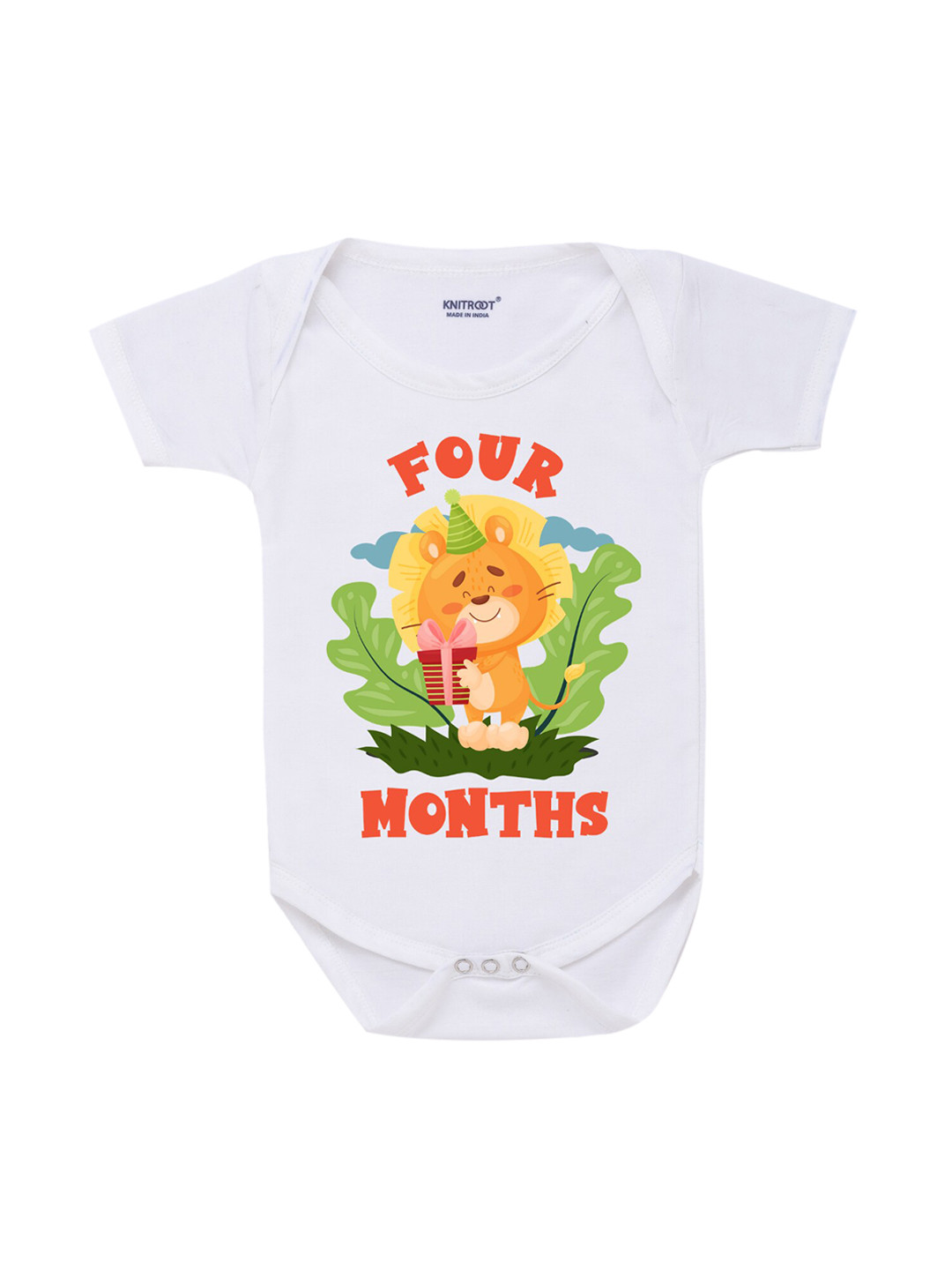 KNITROOT Infant Kids White & Orange Lion Four Month Printed Bodysuit