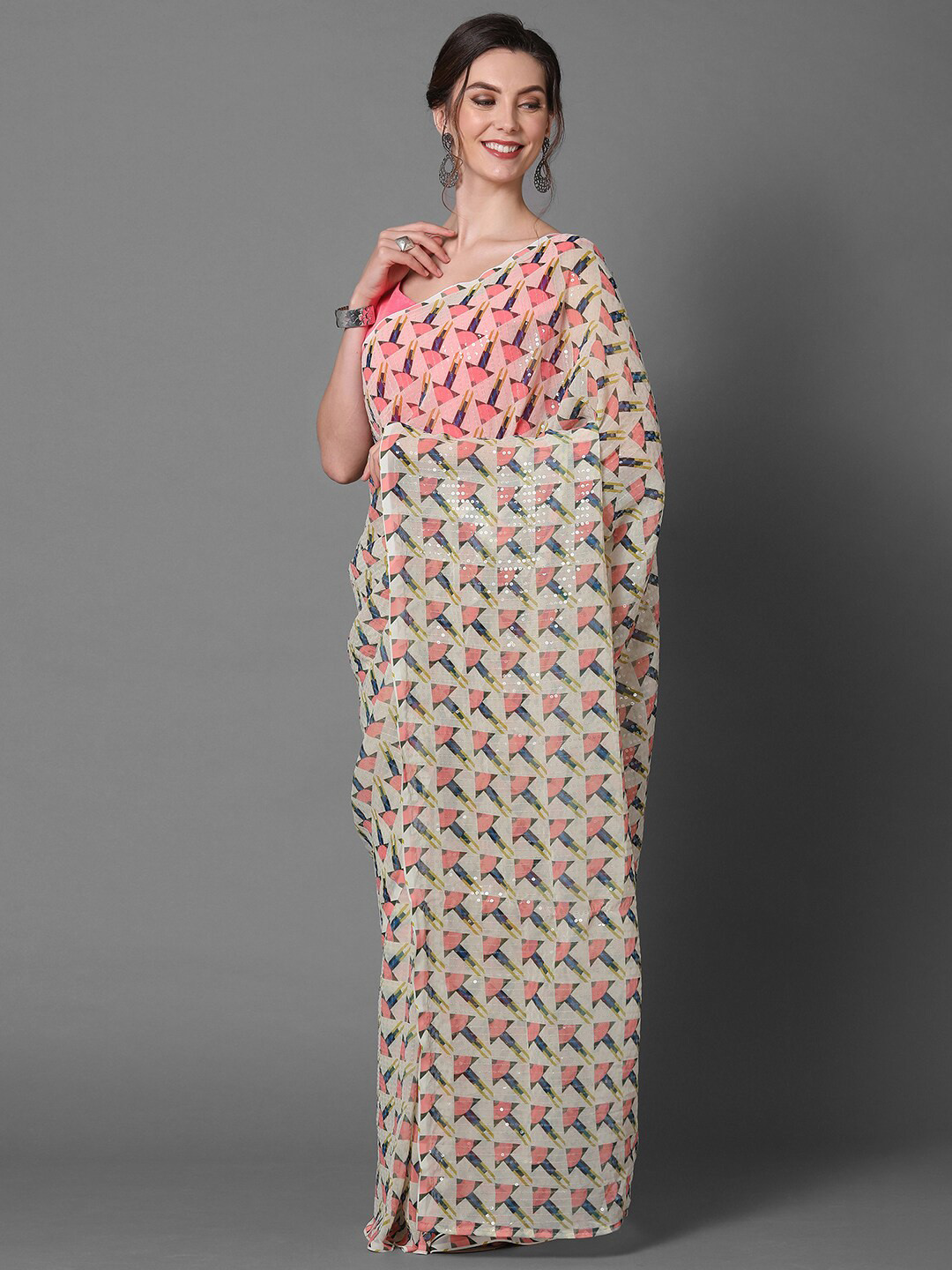 Mitera Cream & Pink Sequinned Georgette Saree