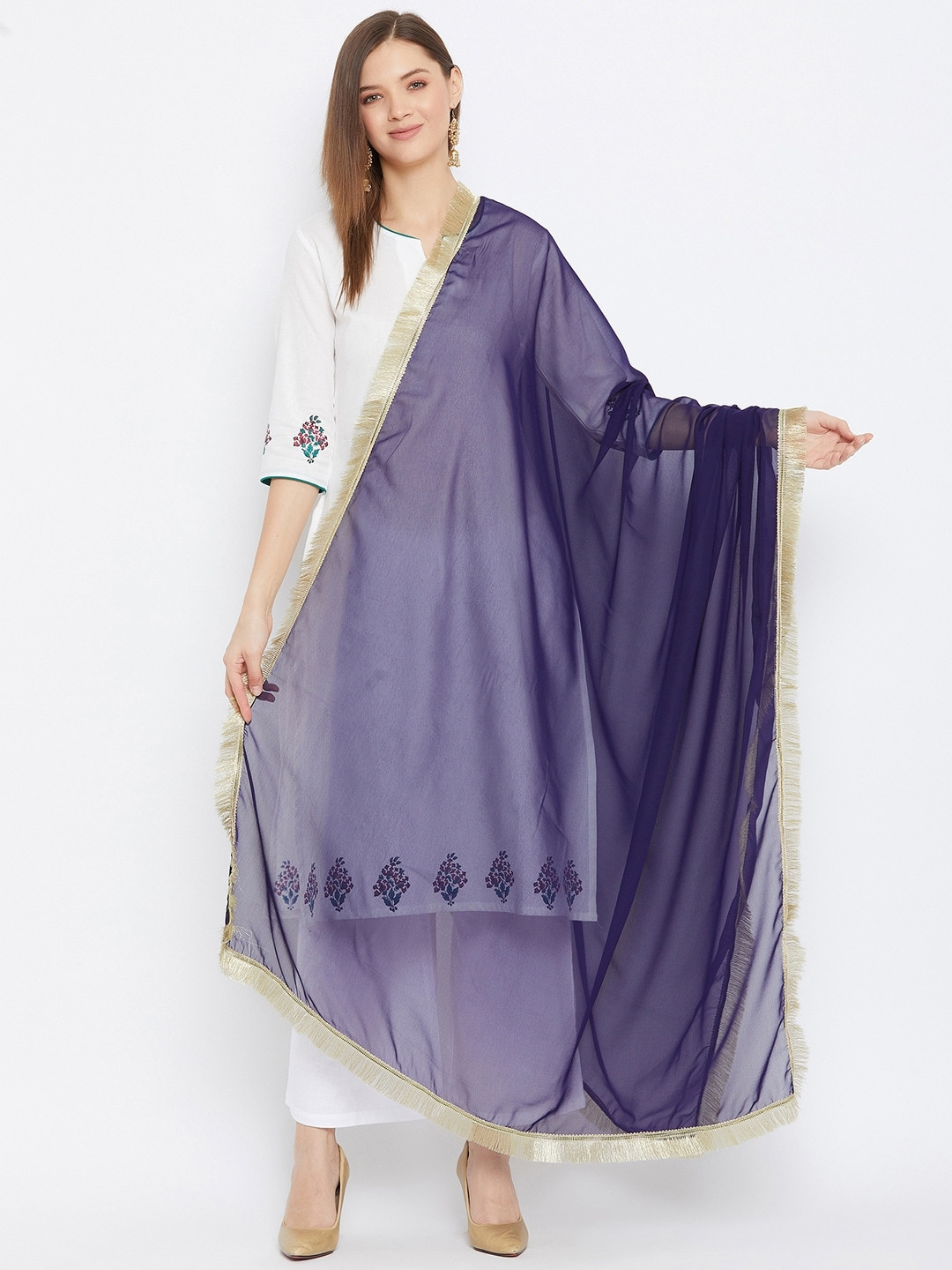 Bitterlime Navy Blue & Gold-Toned Dupatta with Zari