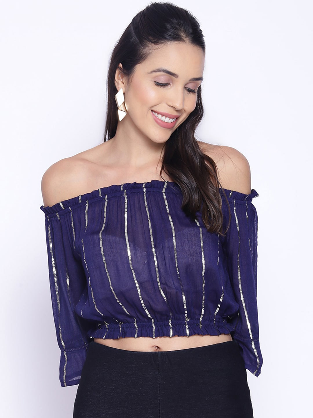 IX IMPRESSION Navy Blue Embellished Off-Shoulder Crepe Bardot Crop Top