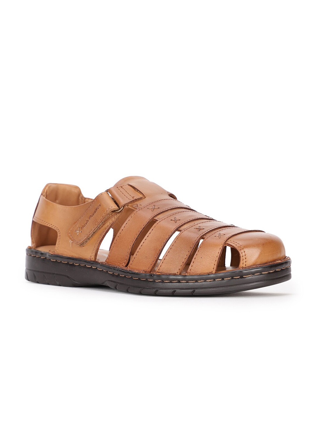 Hush Puppies Men Tan & Black Leather Fisherman Sandals