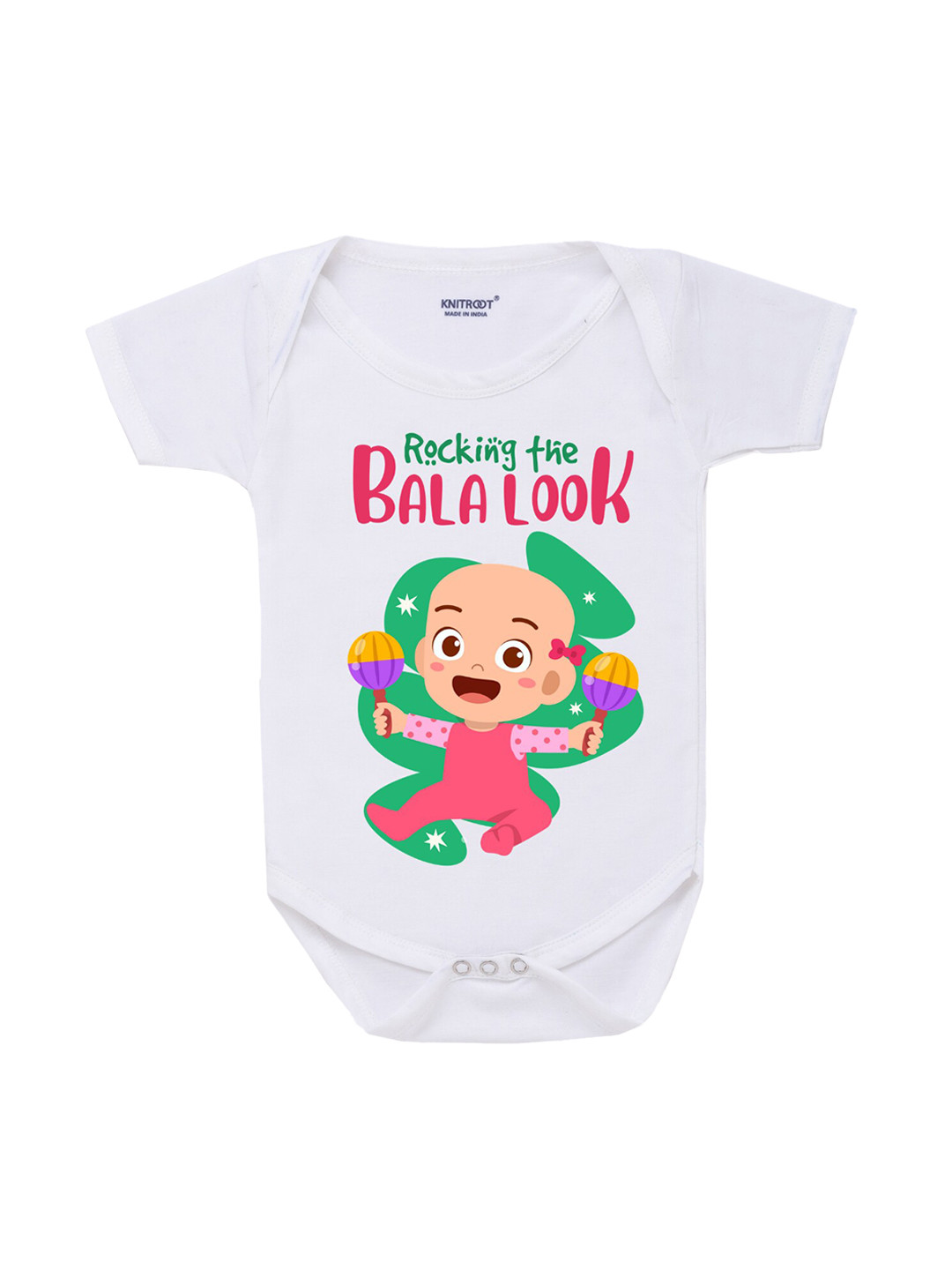 KNITROOT Infants Kids White & Pink Rocking Bala Printed Bodysuit