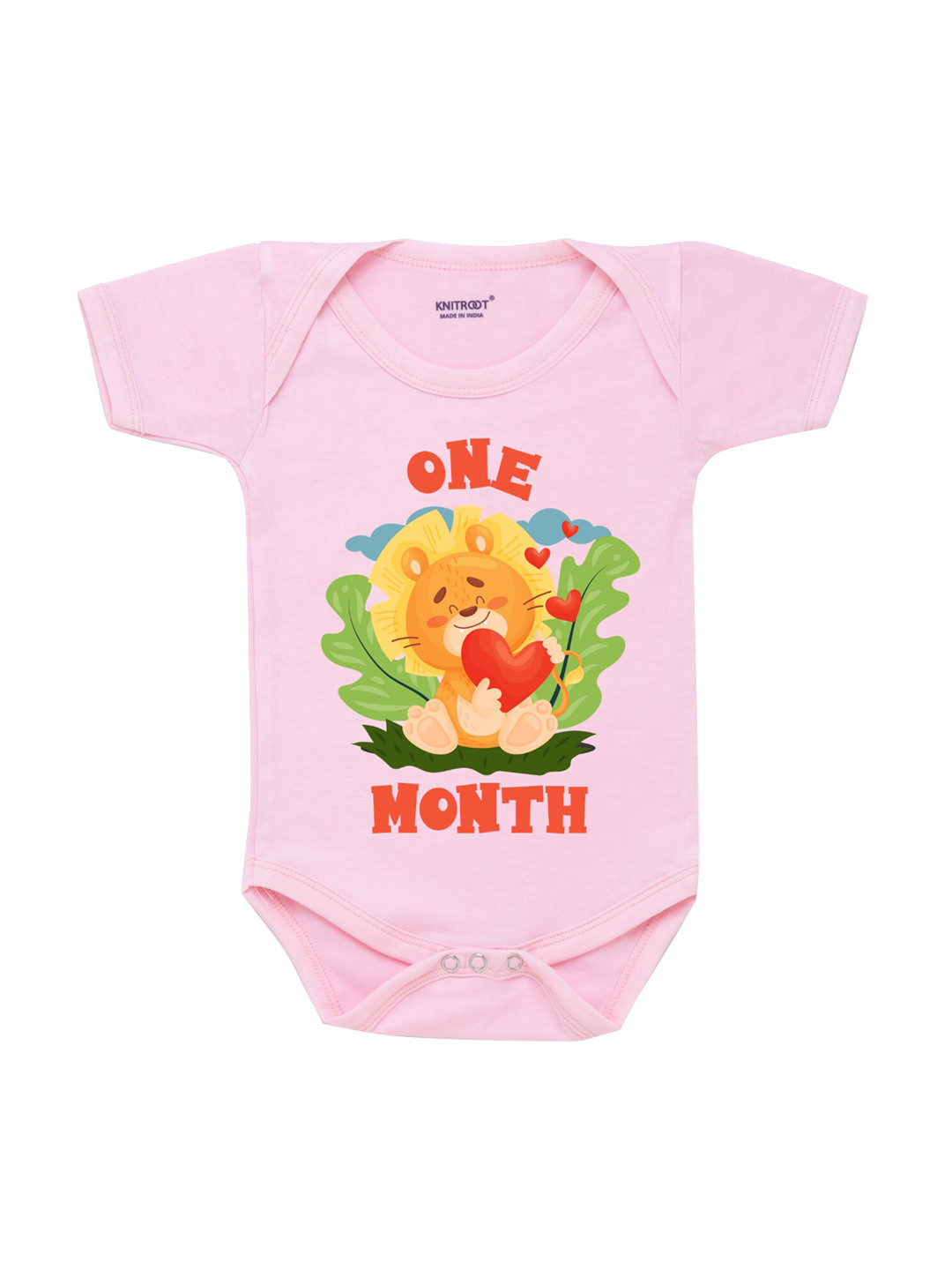 KNITROOT Infant Kids Pink & Orange Lion One Month Printed Bodysuit