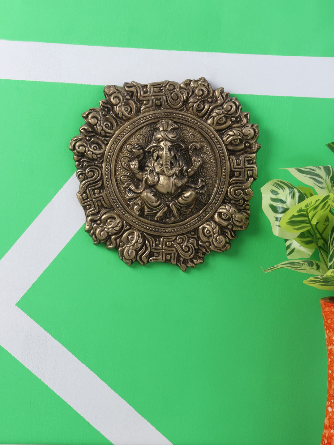 Aapno Rajasthan Lord Ganesha Brass Ethnic Motifs Antique Hall Spiritual Wall Decor-8.7In