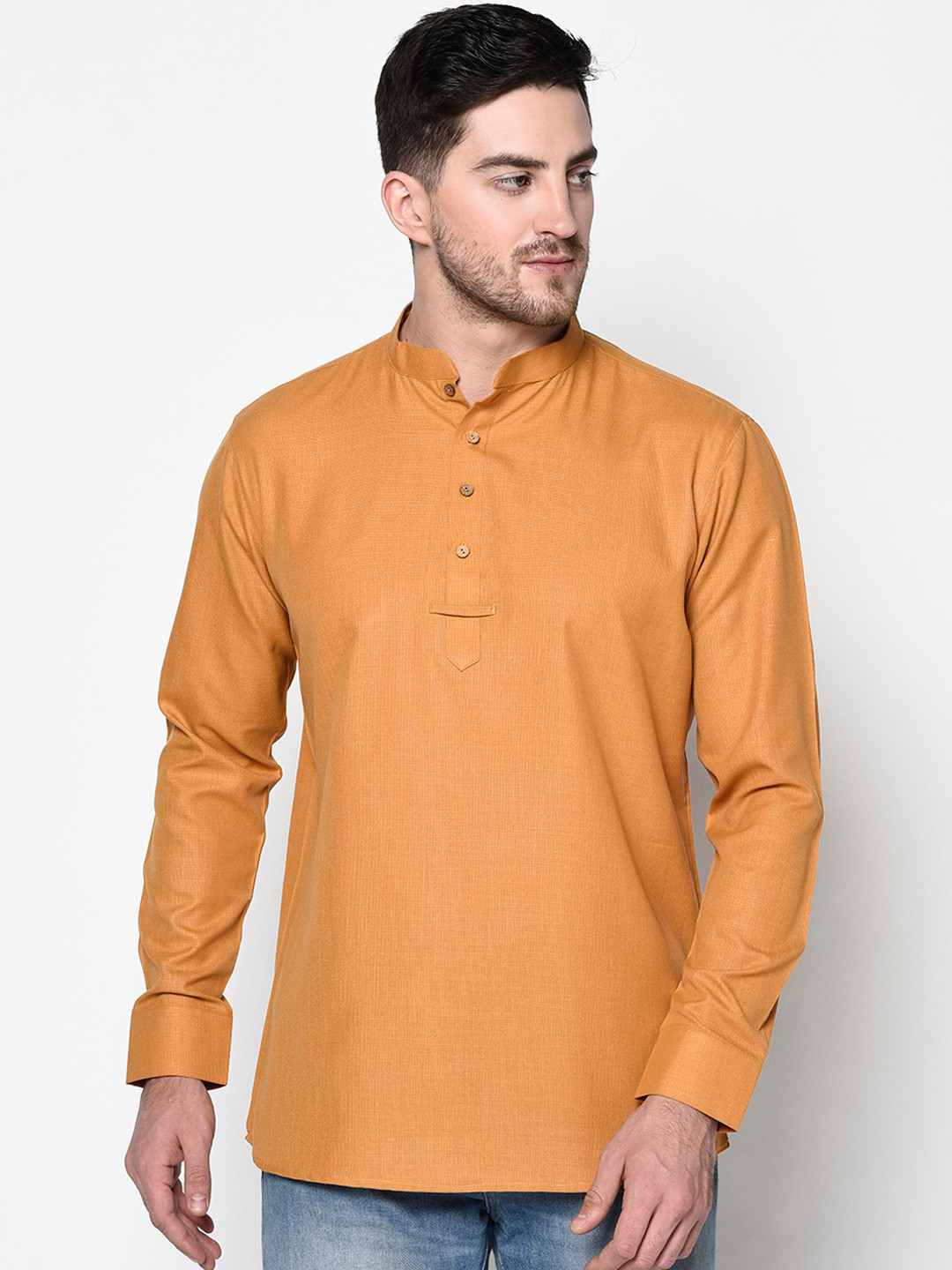 TABARD Men Mustard Yellow Solid Mandarin Collar Cotton Kurta