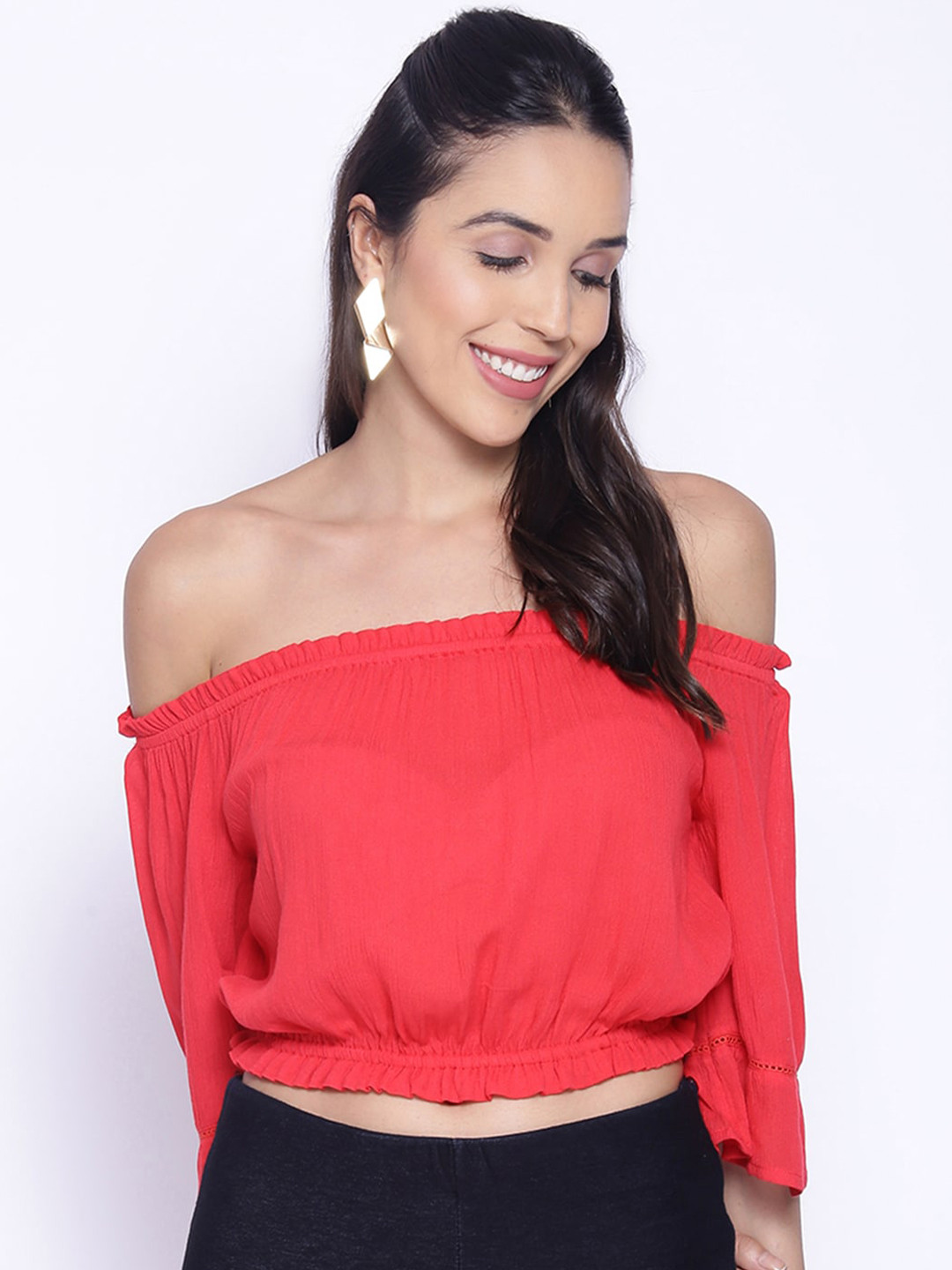 IX IMPRESSION Red Off-Shoulder Crepe Bardot Crop Top