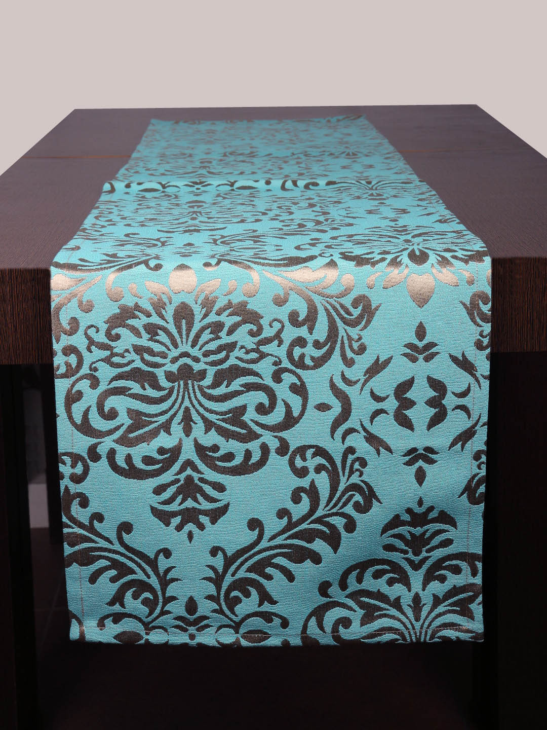 Home Turquoise Blue & Gold-Coloured Woven Damask Table Runner