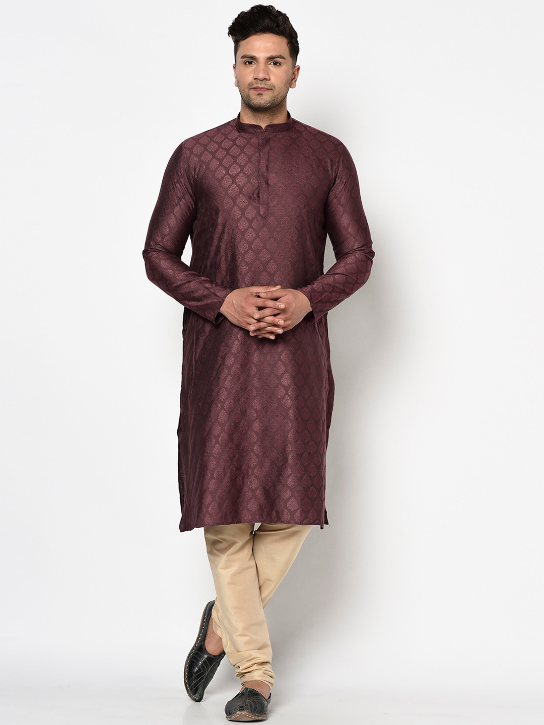 TABARD Men Purple Jacquard Self Design Dupion Silk Kurta with Churidar