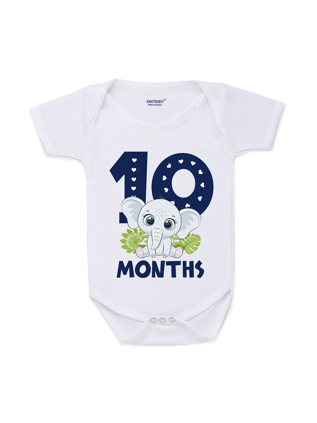 KNITROOT Infant Kids White & Navy Blue Elephant Ten Month Printed Bodysuit