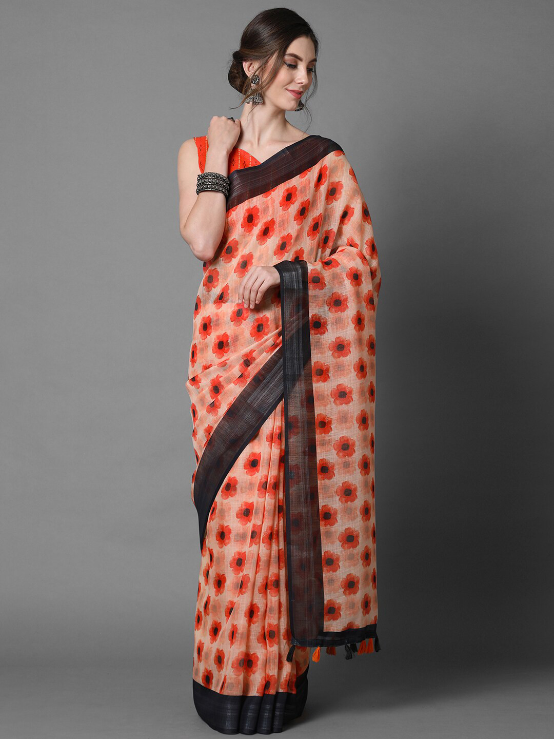 Mitera Cream & Red Floral Linen Blend Saree