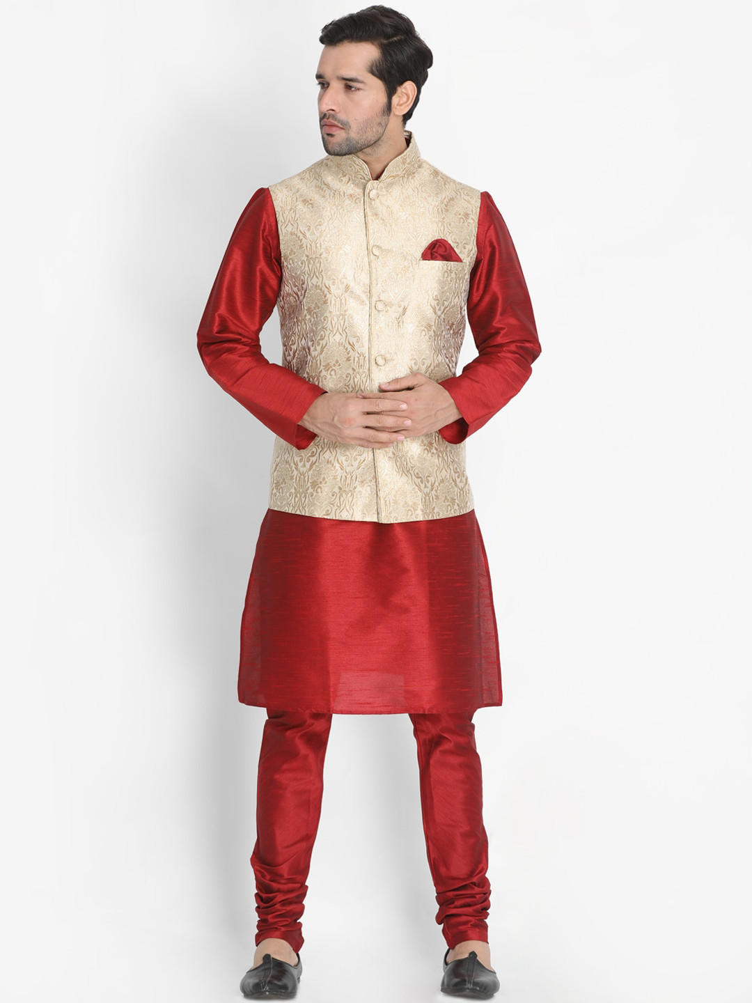 VASTRAMAY Men Maroon & Beige Layered Kurta with Pyjamas