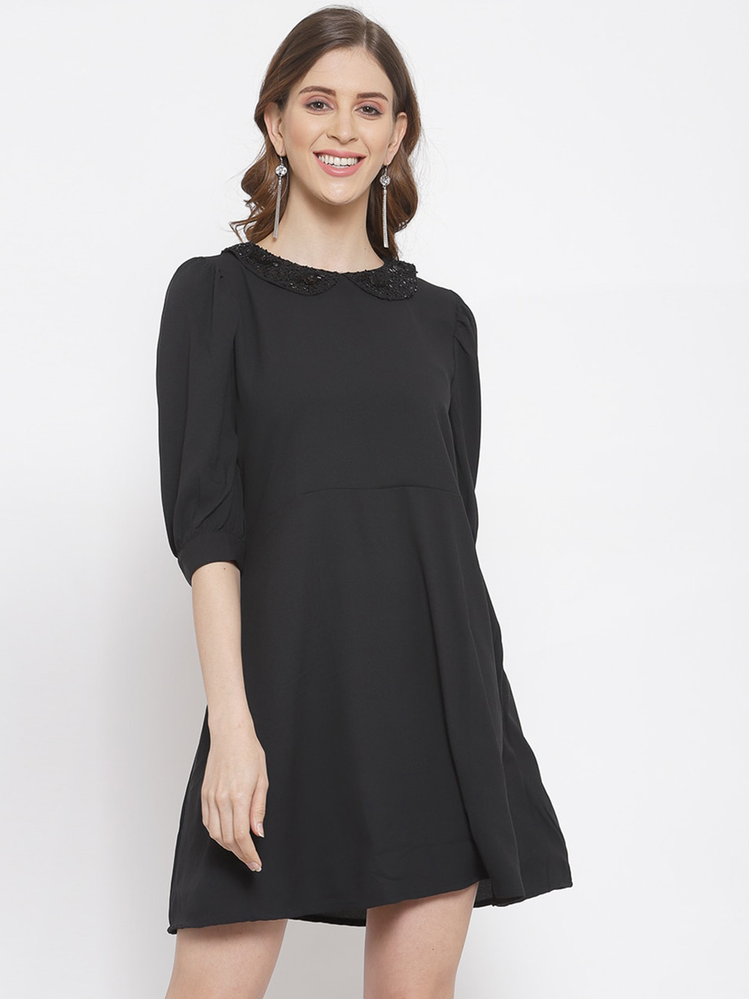 SCOUP Black Peter Pan Collar Georgette A-Line Dress