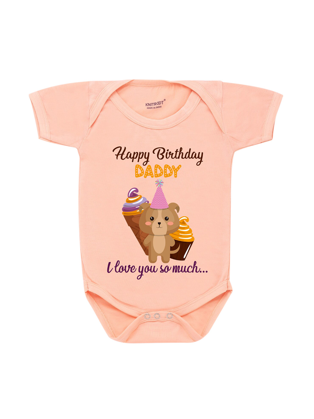 KNITROOT Infants Peach-Coloured Birthday Dady Cupcake Graphic Printed Bodysuit