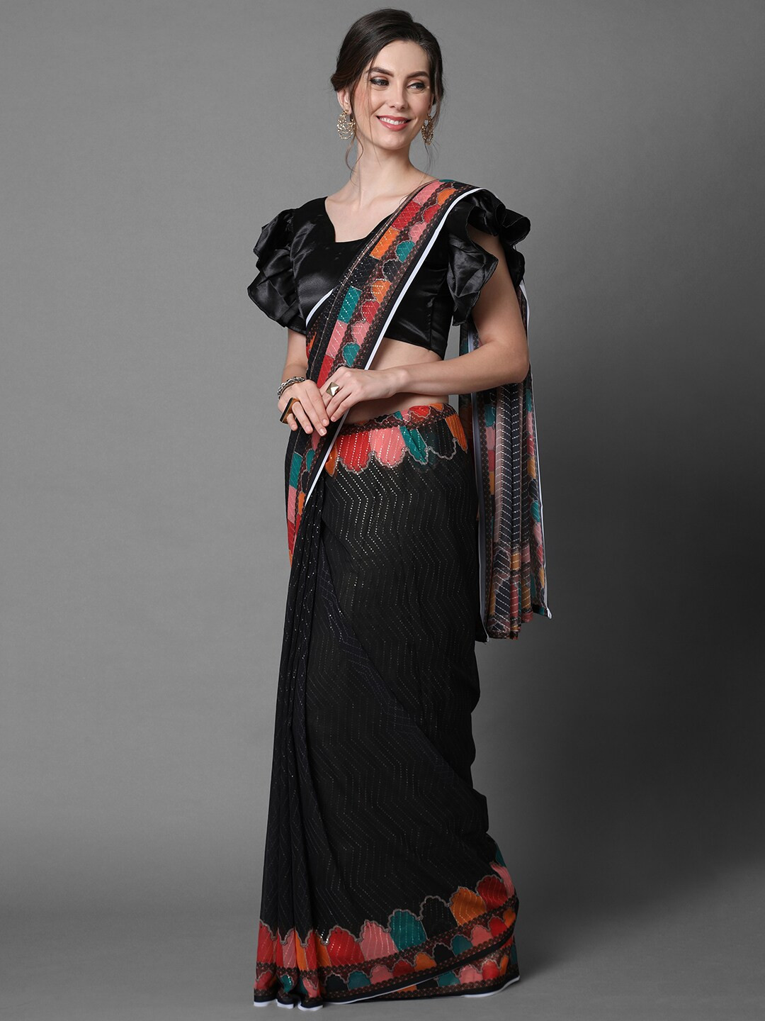 Mitera Black Embellished Sequinned Saree