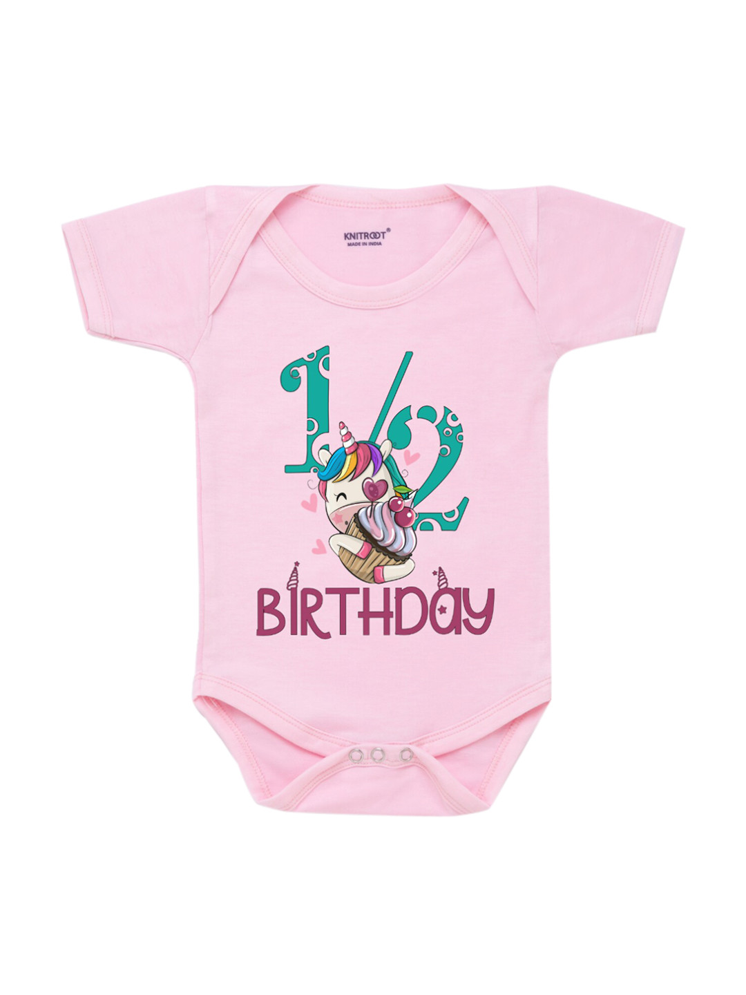 KNITROOT Infant Kids Pink & Teal Blue Unicorn 1/2 Birthday Printed Bodysuit