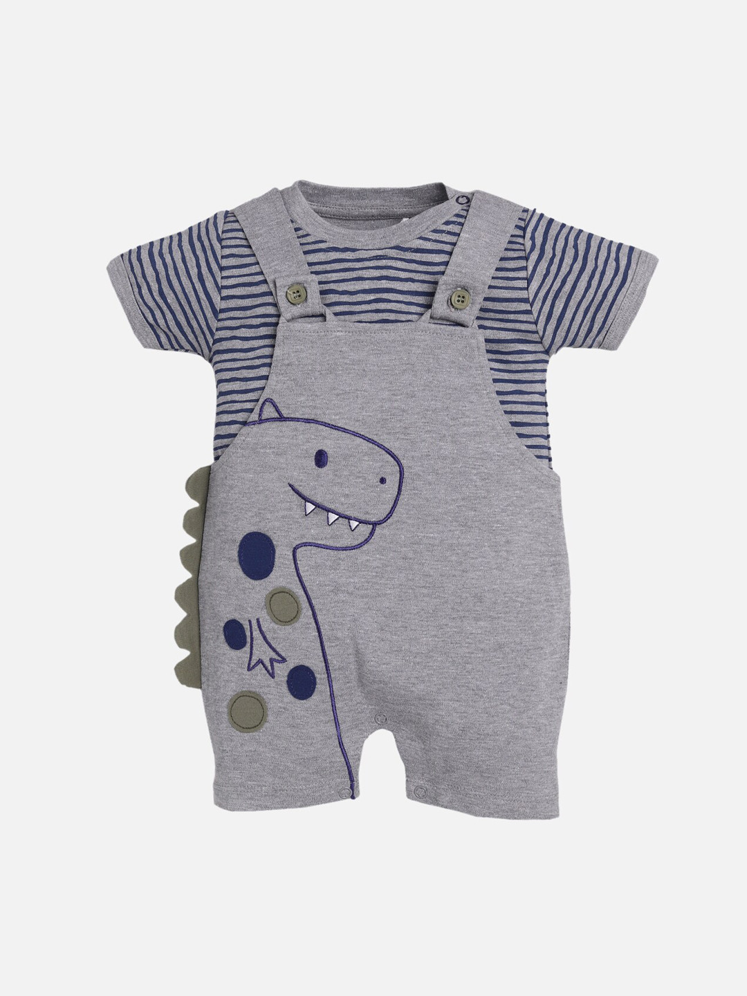 BABY GO Infant Baby Grey & Blue Applique Dinosaur Pattern Cotton Dungaree With T-Shirt