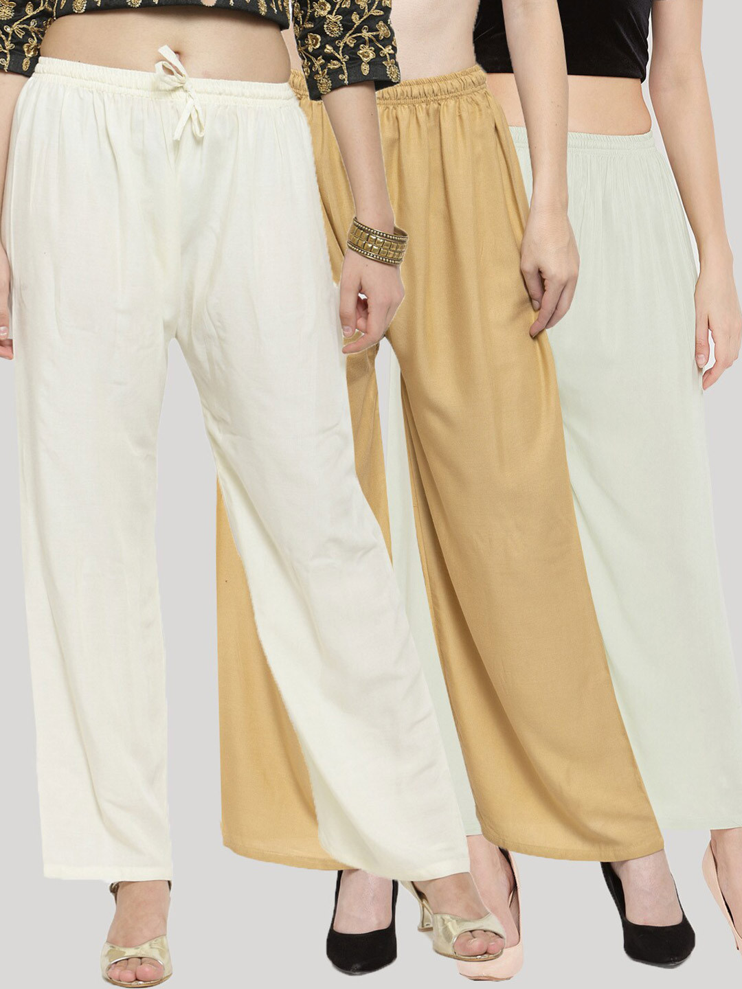Clora Creation Women Off White & Beige Pack of 3 Knitted Palazzos