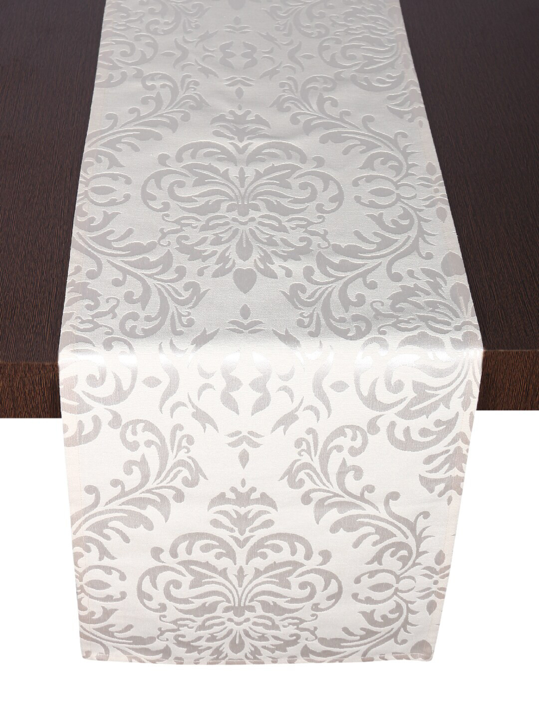 Home Cream-coloured & Silver-Toned Woven Damask Design Table Runner