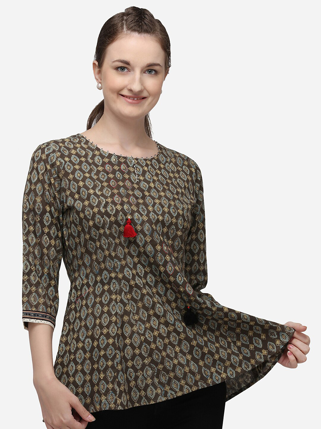 RAISIN Olive Green & Blue Viscose Rayon Tunic