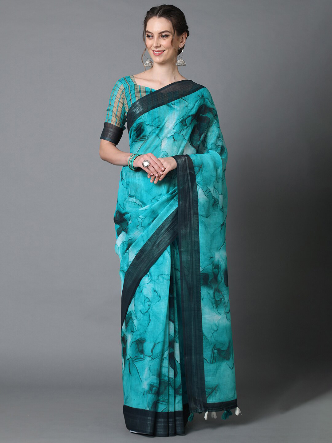 Mitera Turquoise Blue & Black Linen Blend Saree