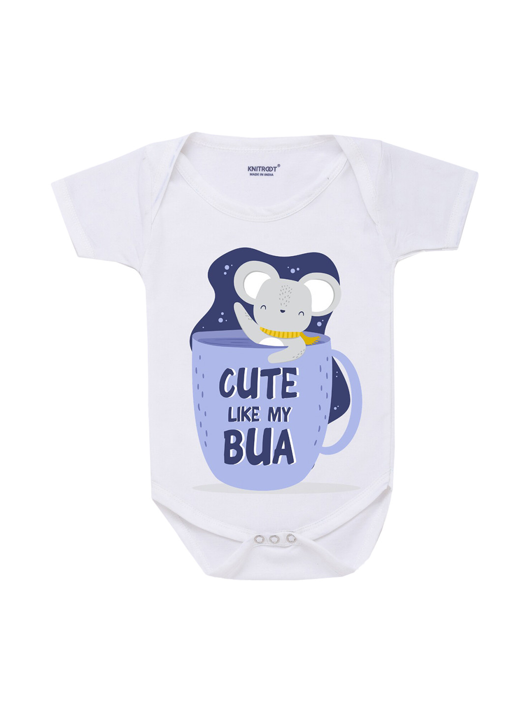 KNITROOT Infant Kids White & Blue Cute Like My Bua Cup Baby Bodysuit