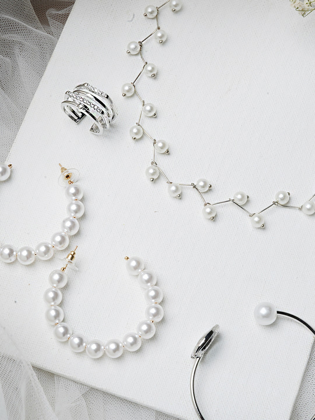 JOKER & WITCH Silver-Toned & White Pearl & Stone Embellished Jewelry Set