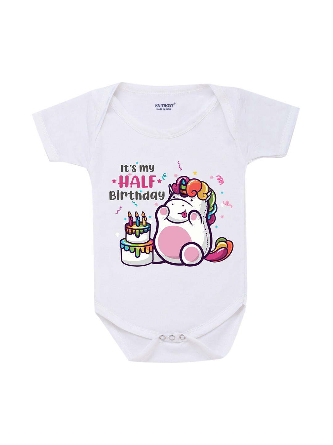KNITROOT Infant Kids White & Purple Unicorn Half Bday Baby Bodysuit