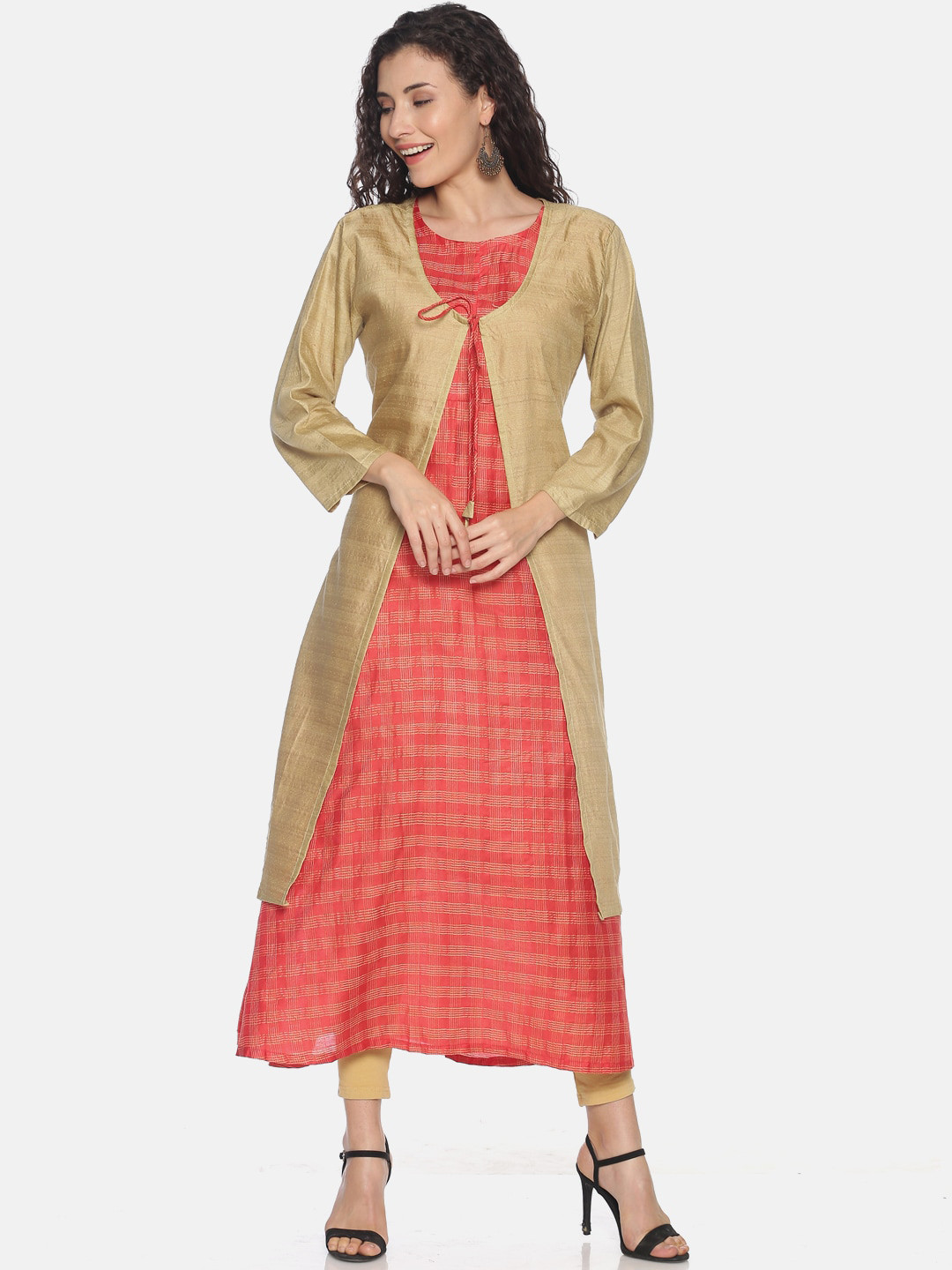 Resha Women Coral Red & Gold-Toned Checked Layered A-Line Kurta