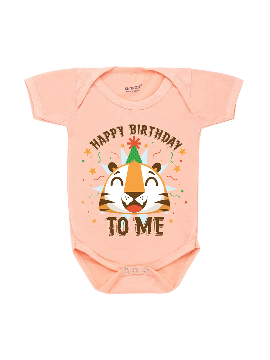 KNITROOT Infant Kids Peach-Coloured & Brown Tiger Happy Birthday To Me Printed Bodysuit