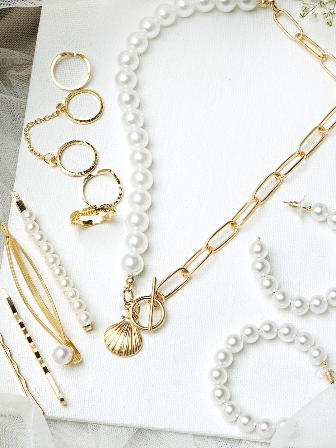 JOKER & WITCH Gold-Toned & White Pearl-Beaded & Stone-Studded Viva Glam Jewellery Set