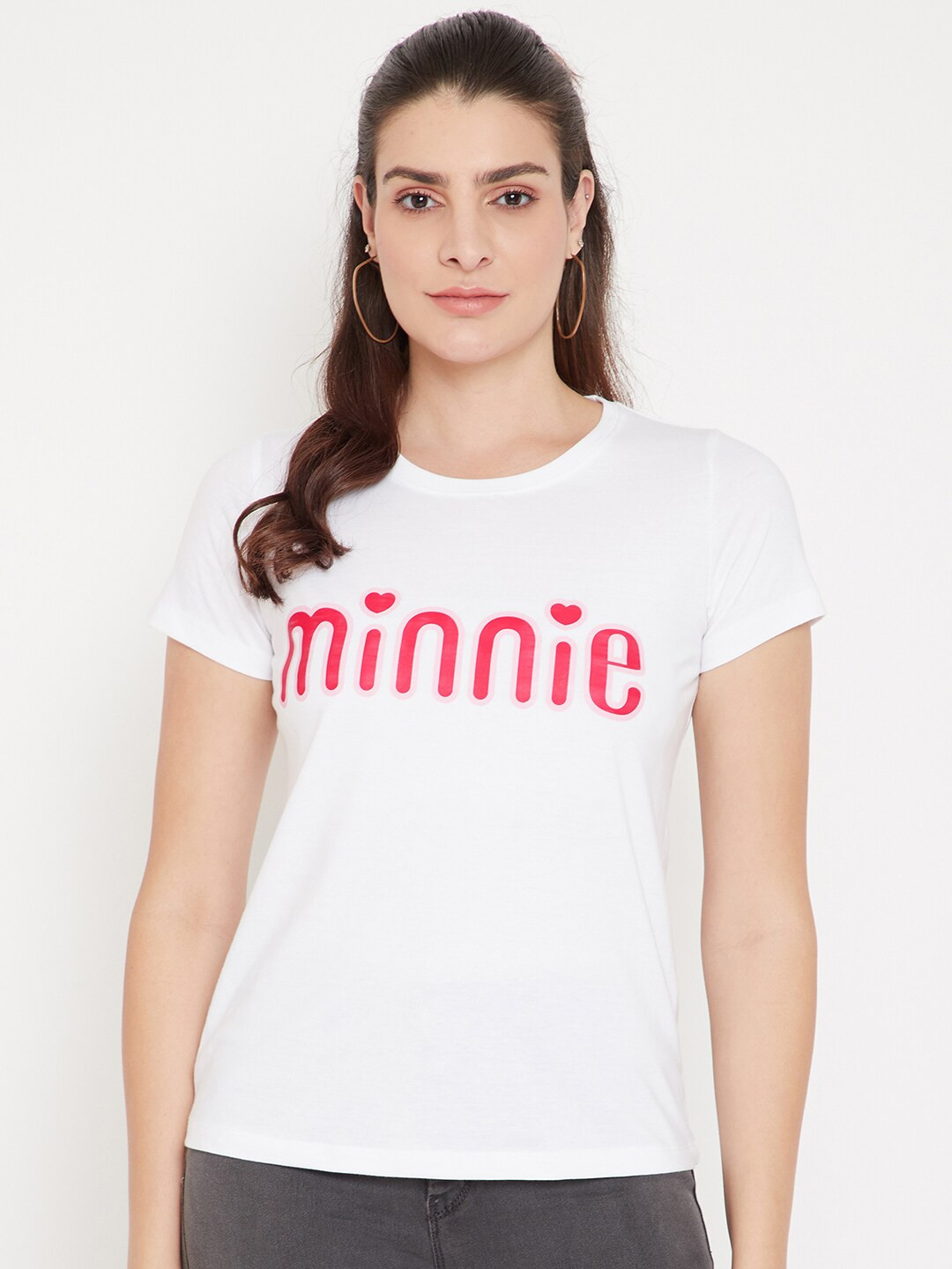 Disney by Wear Your Mind Women White & Red Brand Logo Minnie Mouse Printed T-shirt