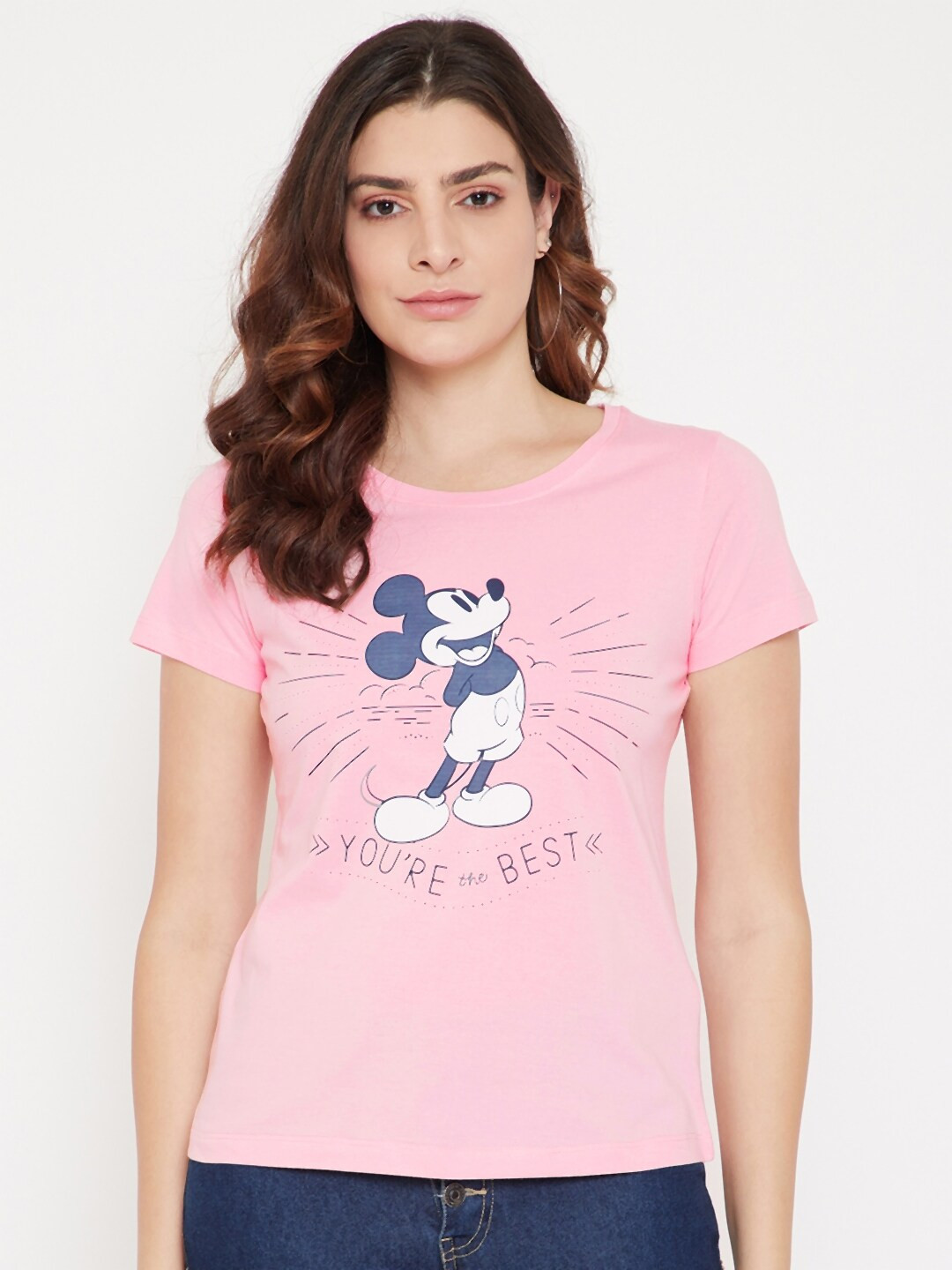 Disney by Wear Your Mind Women Pink & Blue Mickey Mouse Printed T-shirt