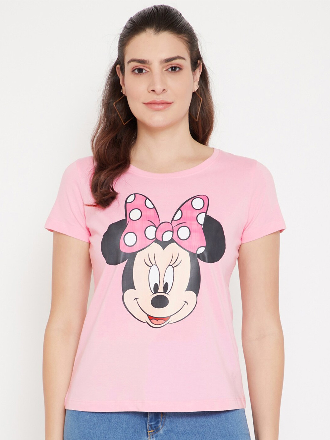 Disney by Wear Your Mind Women Pink Minnie Mouse Printed Cotton Pure Cotton T-shirt