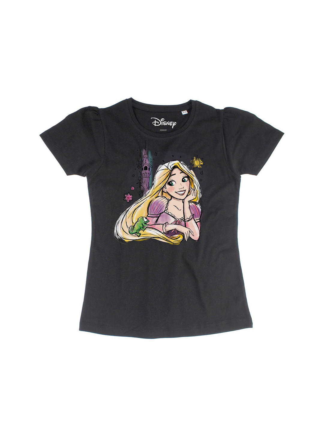 Disney by Wear Your Mind Black Puff Sleeve Disney Princess Regular Cotton Top