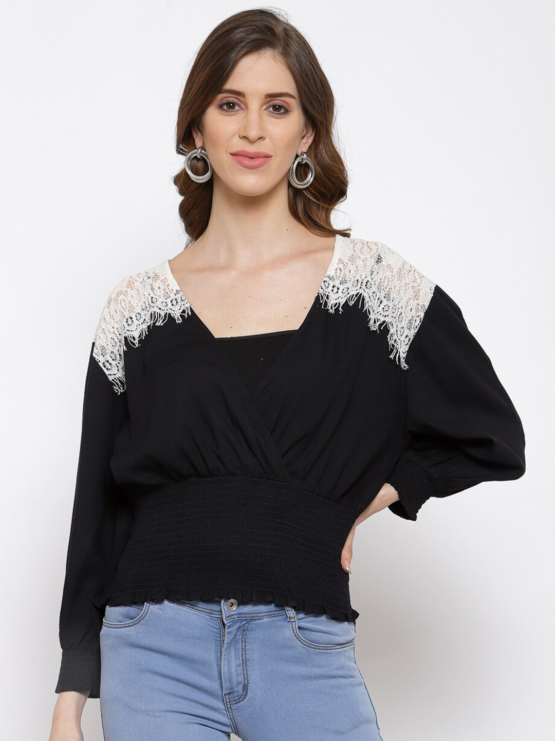 Scoup Women Black Lace Insert With Smocked Waist Empire Top