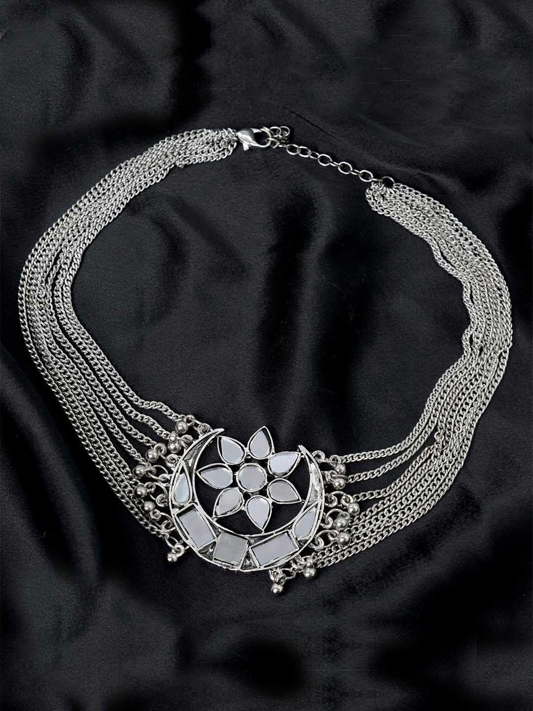 TEEJH Silver-Toned German Silver Silver-Plated Oxidised Necklace