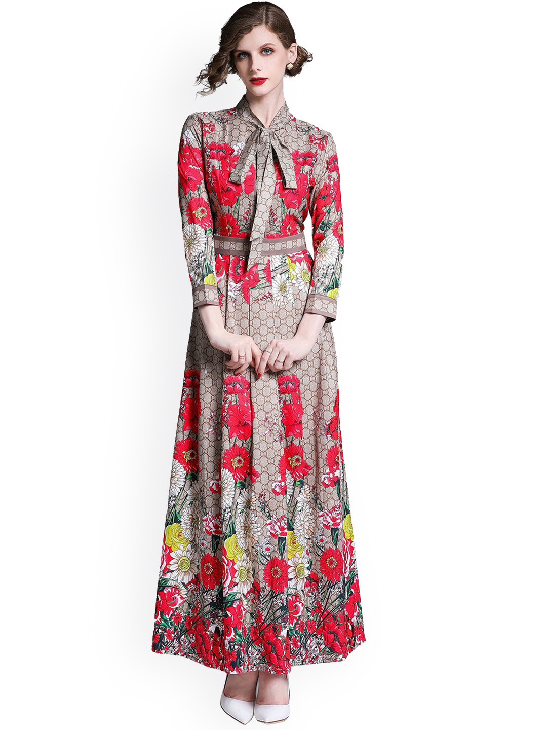 JC Collection Red & Cream-Coloured Floral Tie-Up Neck Maxi Dress