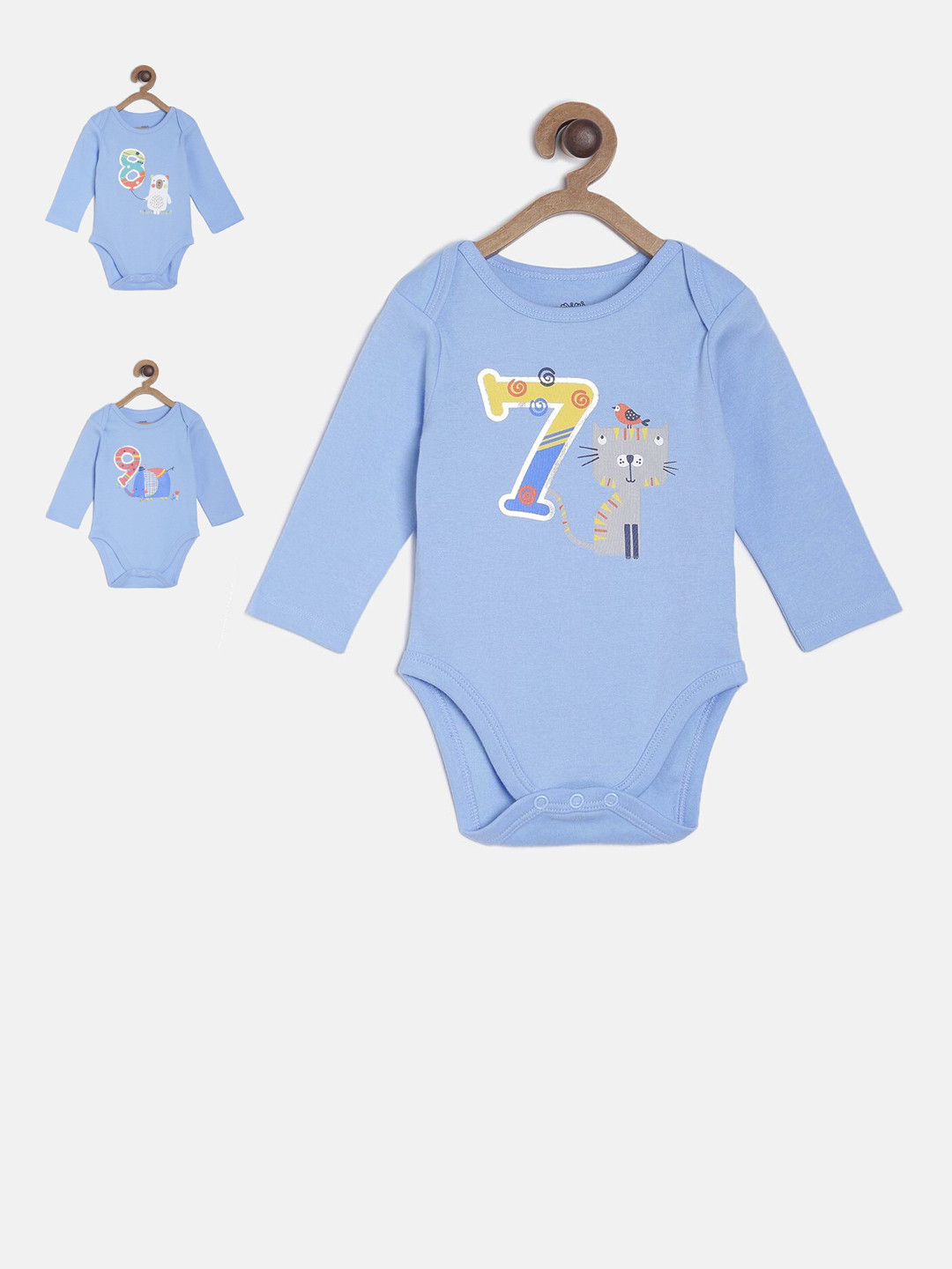 MINI KLUB Infant Boys Pack Of 3 Blue Printed Pure Cotton Bodysuits