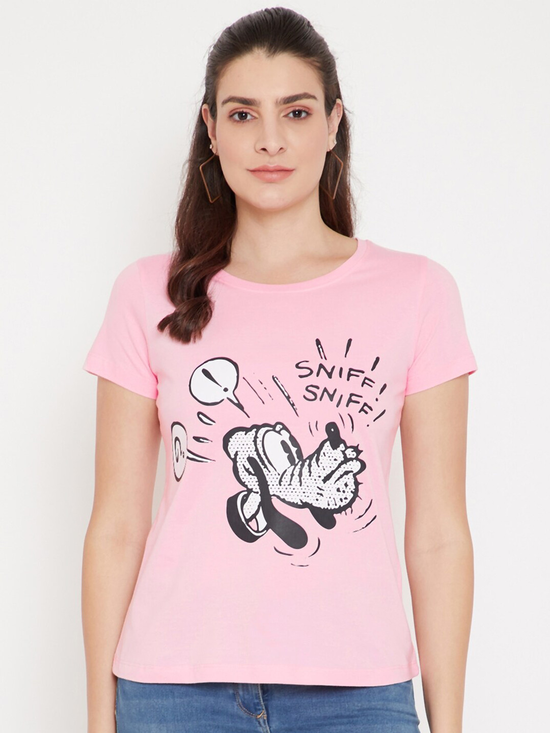 Disney by Wear Your Mind Women Pink Raw Edge Goofy T-shirt