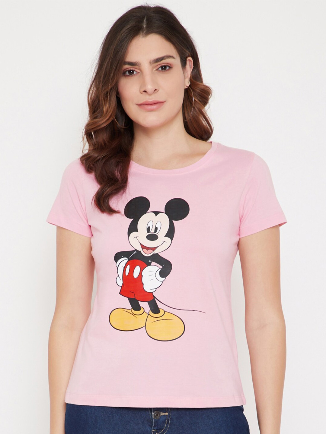Disney by Wear Your Mind Women Pink Mickey Mouse Printed Cotton T-shirt