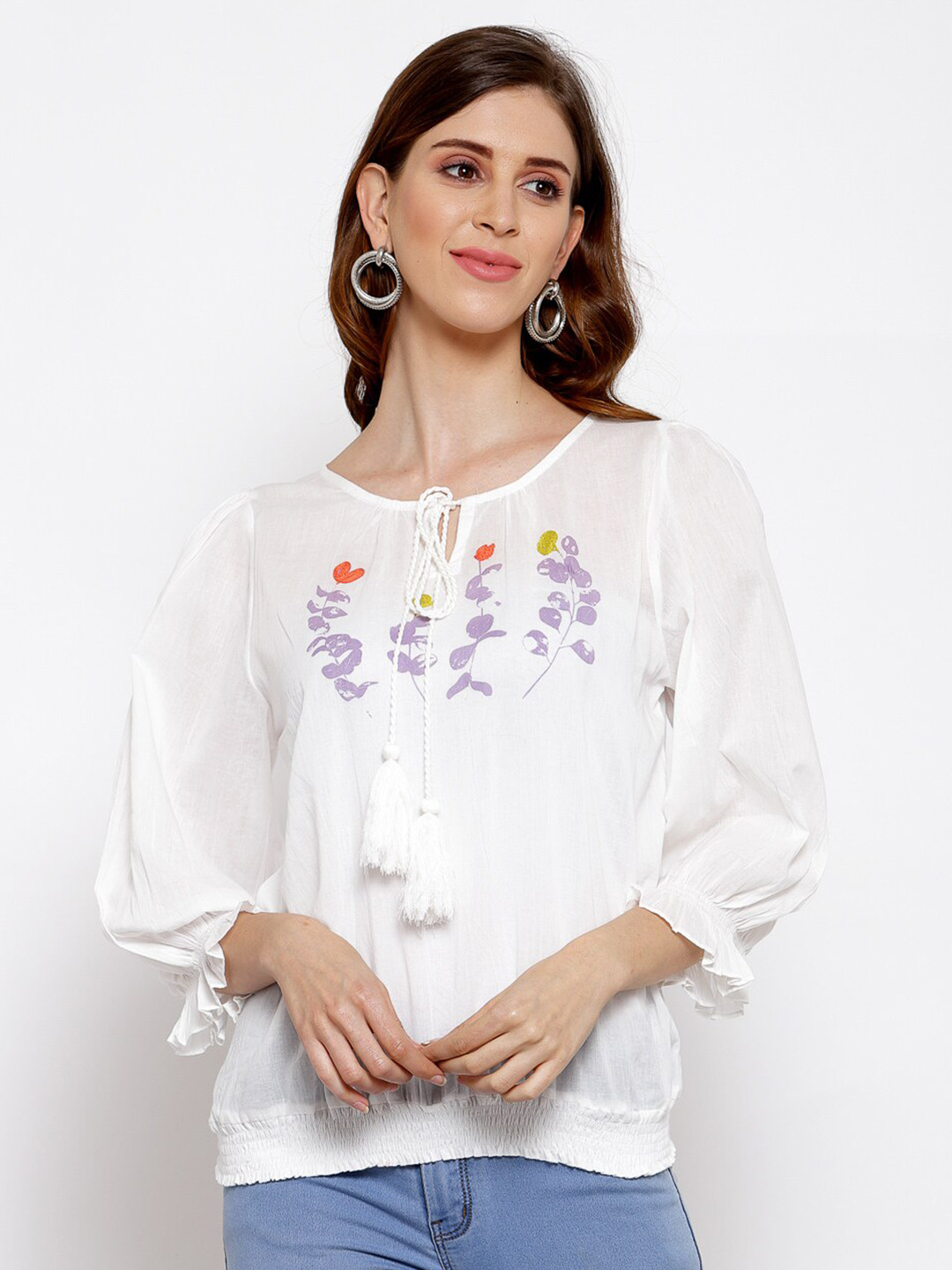 SCOUP White Floral Embroidered Tie-Up Neck Puff Sleeve Regular Top